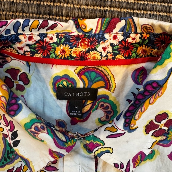 Talbots Red and Green Button Down Shirt Vibrant Floral Pattern - Picture 2 of 3